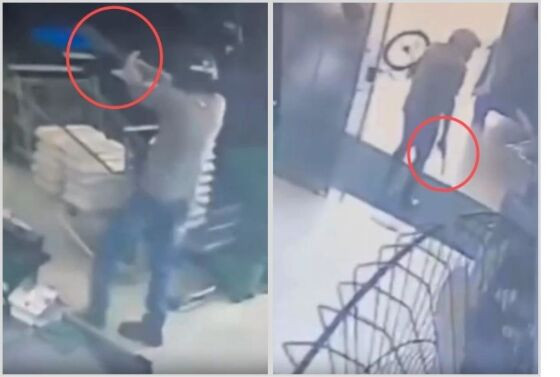 À esquerda da imagem está o bandido e à direita está a vítima com a arma em punho após reagir à tentativa de homicídio e desarmar o criminoso