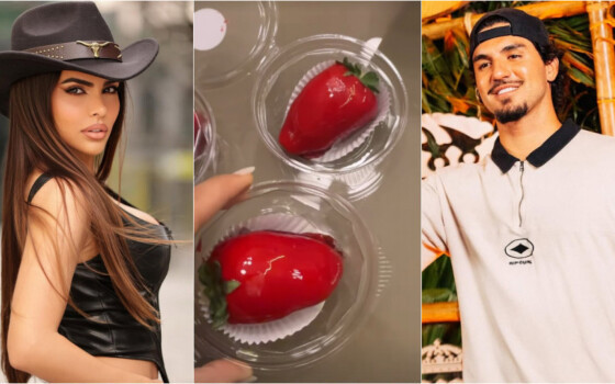 Isabella Arantes e Gabriel Medina compartilham fotos de morangos do amor