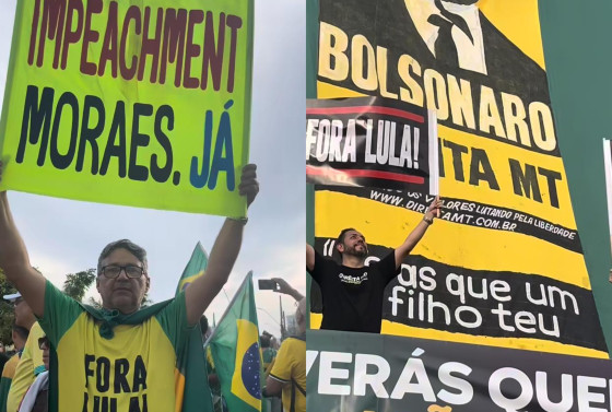 Vestidos com camisetas verde e amarela, os apoiadores de Bolsonaro pedem o impeachment do presidente Lula 