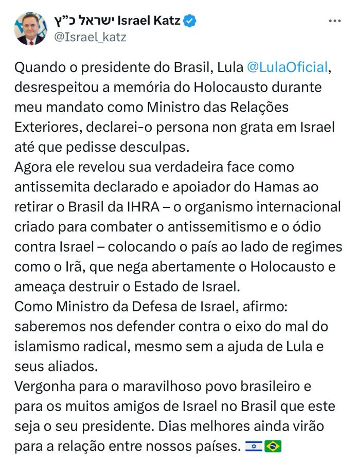 LULA É CHAMADO DE APOIADOR DO HAMAS