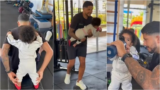 Em vídeo postado no Instagram, nesta sexta-feira, 24, o papai coruja aparece com a pequena em mais um dia de treino na academia