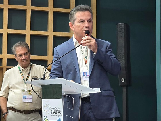 O governador Mauro Mendes, durante a fala na COP 30