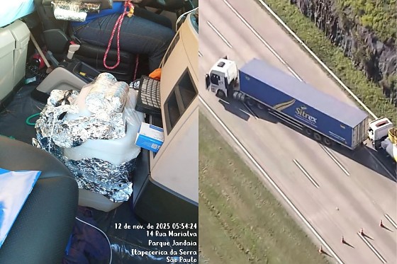 Uma carreta atravessada no km 44 do Rodoanel, em Itapecerica da Serra, na Grande São Paulo, causa ao menos 15 quilômetros de congestionamento