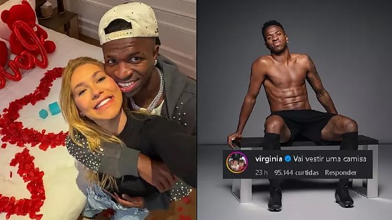 Vini Jr compartilhou fotos no Instagram promovendo um perfume e recebeu um comentário brincalhão de sua namorada, Virginia, pedindo para ele vestir uma camisa, o que gerou reações de internautas.