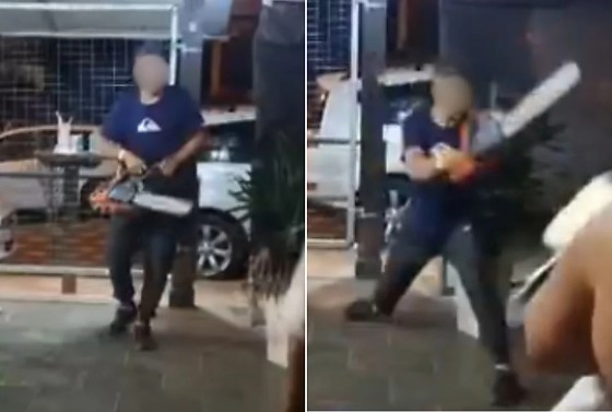 Na gravação, é possível ver o homem avançando na direção de um cliente com o equipamento ligado.