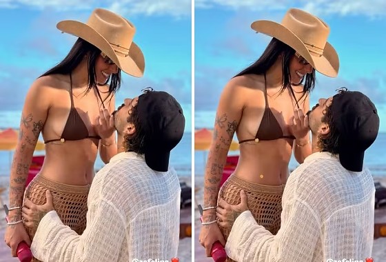 Ana Castela, de 22 anos de idade, posou de biquíni em clique com o namorado Zé Felipe, de 27 anos, durante uma gravação do projeto AgroPlay Verão in BC.