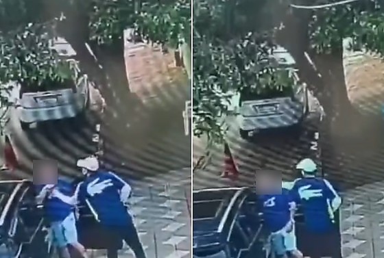 O momento em que o bandido chega e assalta o homem em Cuiabá