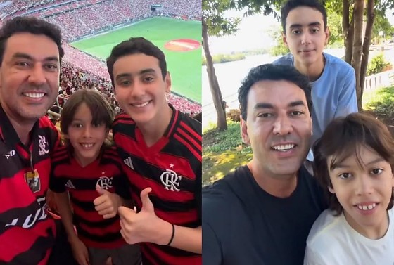 Thales Machado com os filhos Miguel,12 anos, e Benício, 8 anos.