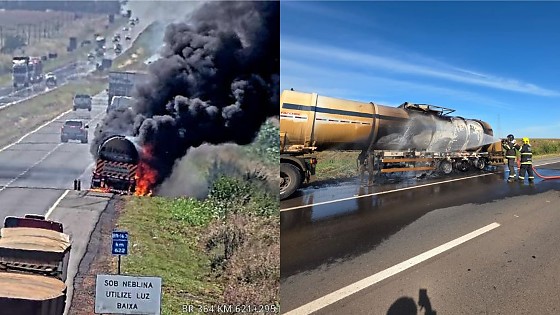 O veículo atingido é uma carreta-tanque Iveco S-WAY 540, de cor branca