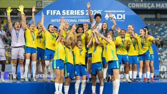 Jogadoras da seleção brasileira durante comemoração