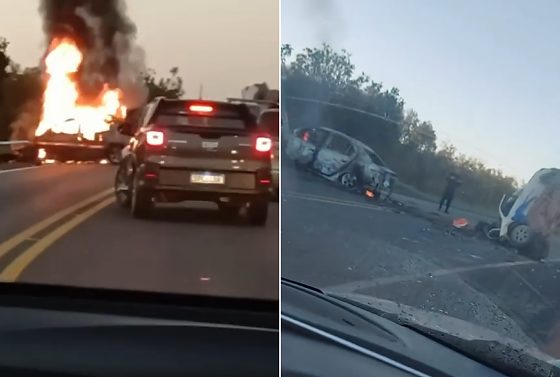 Imagens gravadas por pessoas que passavam pelo local mostram um dos veículos completamente em chamas. 