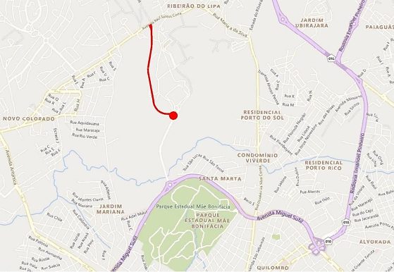 Em vermelho, mapa mostra o trecho de 1,25 km que ligará a Avenida Mário Palma à rotatória da Avenida Bernardo Antônio de Oliveira Neto, no Ribeirão do Lipa.