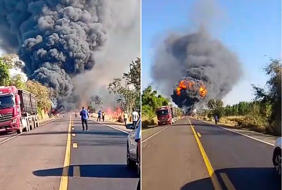O impacto provocou um incêndio de grandes proporções, que também atingiu a vegetação às margens da rodovia.