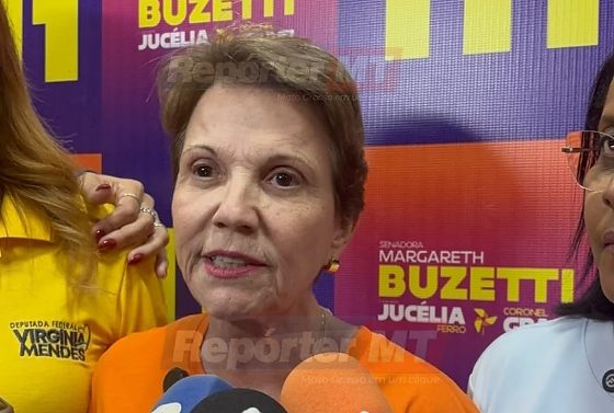 A senadora Tereza Cristina durante ato de lançamento da campanha de Margareth Buzetti ao Senado, em Cuiabá.