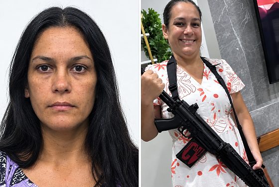 Orminda em foto que consta no processo do Gaeco e em imagem divulgada em suas redes sociais ostentando um fuzil.