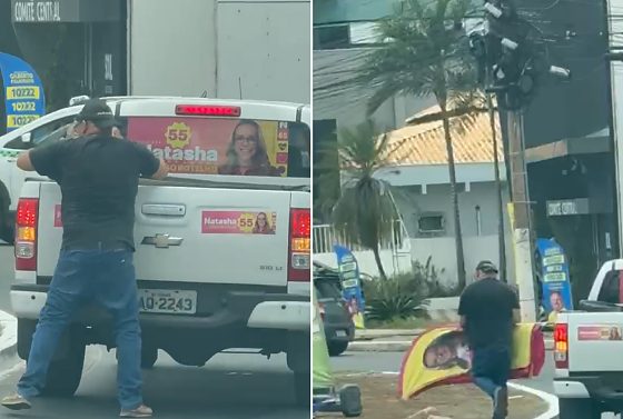 Carro de Natasha para o transito em rotatoria e descarrega bandeiras