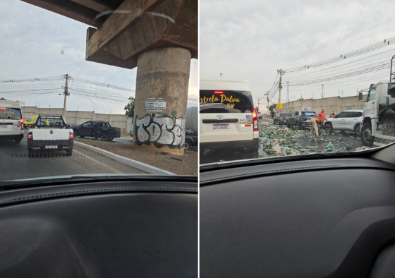 Fardos de cerveja ficaram espalhados pela pista após a queda de uma carga na Avenida Fernando Corrêa da Costa.