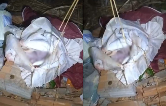 Nas imagens, a bebê aparece enrolada em uma coberta e já sem sinais vitais.