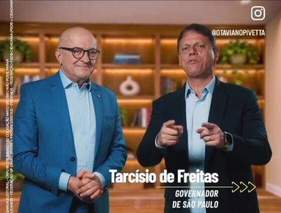 Tarcísio de Freitas reforça apoio à reeleição de Pivetta em inserção eleitoral.
