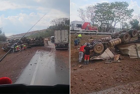 O veículo capotou no canteiro central e parou parcialmente sobre uma das faixas da BR-364