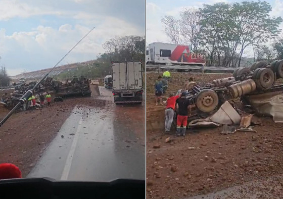 O veículo capotou no canteiro central e parou parcialmente sobre uma das faixas da BR-364