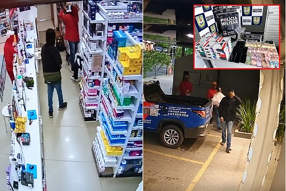 Imagens de segurança registraram criminosos em farmácias e a atuação da Polícia Militar após um dos ataques ocorridos em Cuiabá.