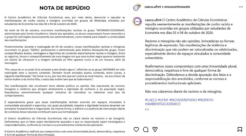 Nota de rep&uacute;dio da faculdade de economia da UFMT