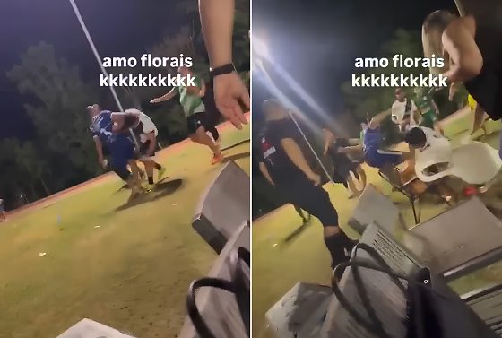Nas imagens, os dois jogadores aparecem trocando agressões enquanto outras pessoas tentam apartar a briga e pedem para que eles parem.