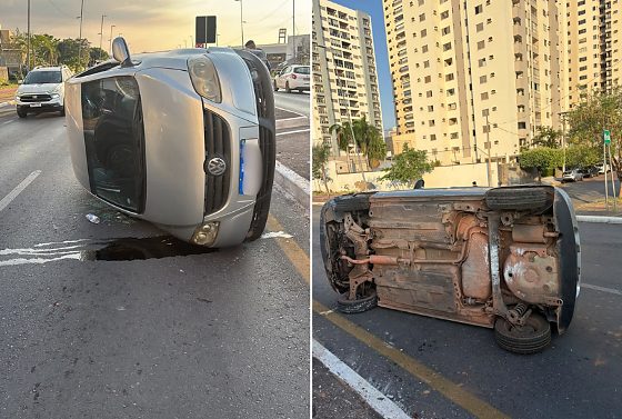 Acidente ocorreu na lateral do Shopping 3 Américas, em Cuiabá, após um dos pneus do automóvel estourar.