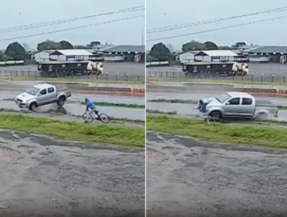 Ciclista conseguiu pular a tempo e escapar sem ferimentos antes de a caminhonete capotar e atingir a bicicleta.