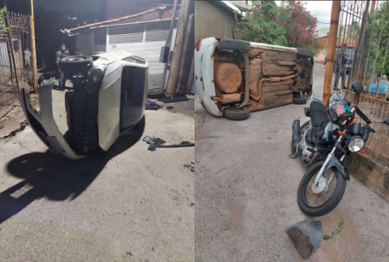 Carro capotou após motorista fugir da Rotam, bater contra uma motocicleta e atingir o muro de uma casa