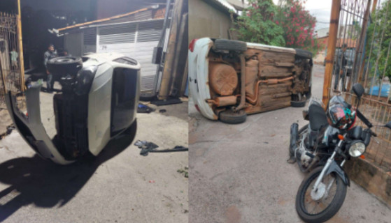 Traficante foge da Rotam, bate em moto e capota carro com drogas em Cuiabá