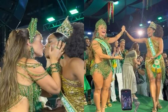 Paolla Oliveira ocupou o posto de rainha de bateria da Imperatriz Leopoldinense e recebeu a coroa das mãos de Iza