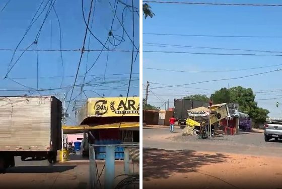 Motorista não parou o veículo após veículo ficar preso em fios.