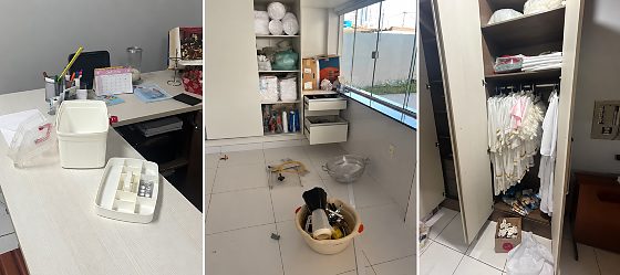 Armários abertos e utensílios espalhados pelo chão mostram o interior da igreja após a invasão.