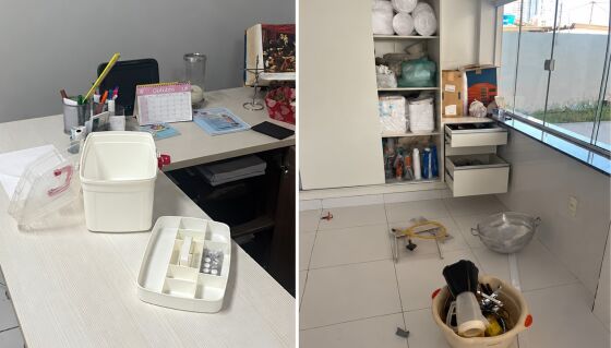 Armários abertos e utensílios espalhados pelo chão mostram o interior da igreja após a invasão.