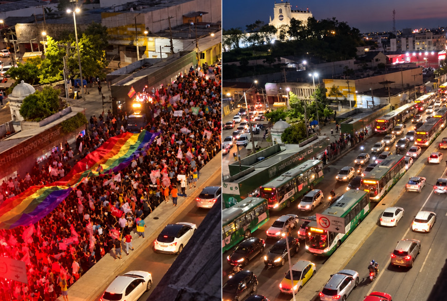 Manifestantes ocupam pista da Prainha durante ato pró-Lula; registros mostram trânsito carregado na avenida.