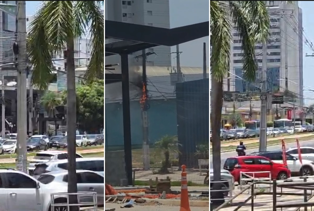 Incêndio em poste causa congestionamento na Avenida do CPA em Cuiabá