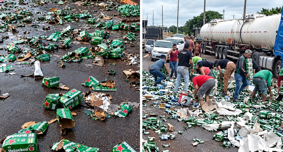 Caminhão de cerveja tomba e carga é saqueada em Tangará da Serra, MT