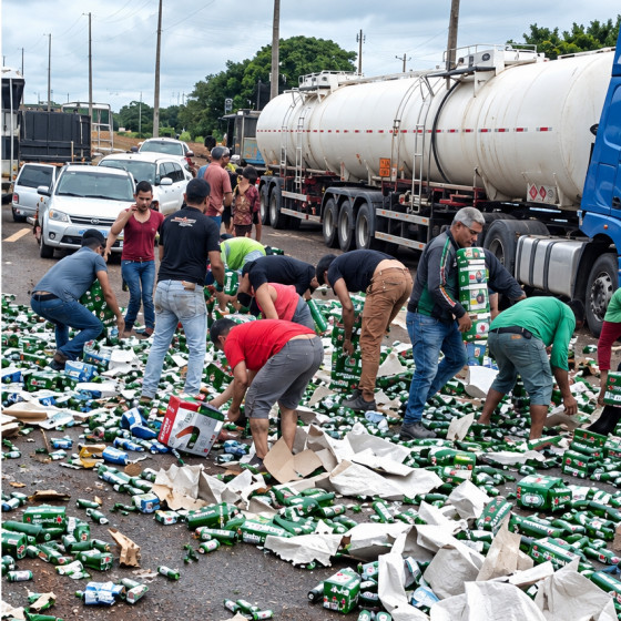 Caminhão tomba e populares saqueiam carga de cerveja